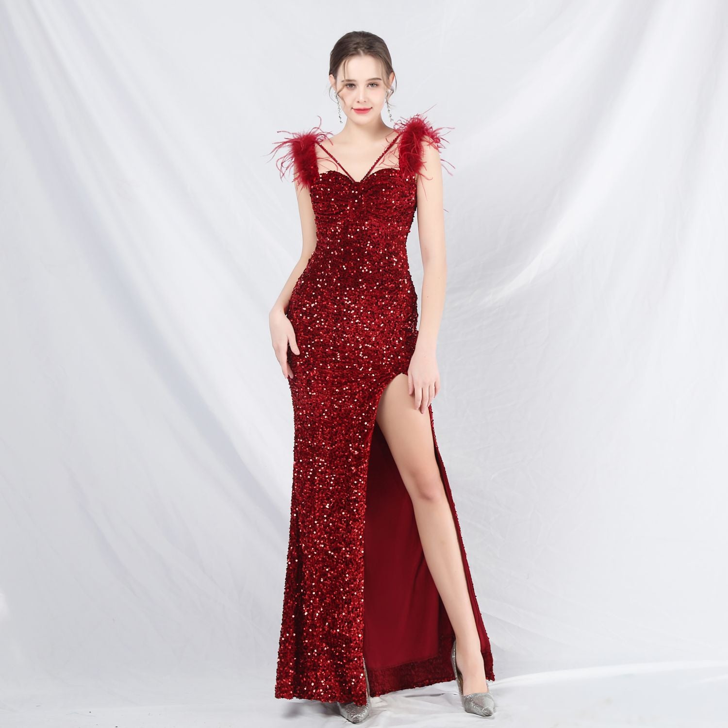 Feather Strap Sequined Long Evening Dress 8