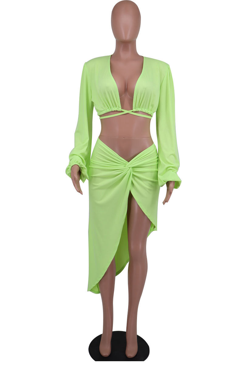 Women's Fashion Summer Solid Casual Long Sleeve Sexy Two-Piece Skirt Set 10