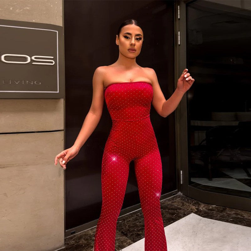 Women Sparkling Polka Dot Strapless Wide Leg Jumpsuit 5