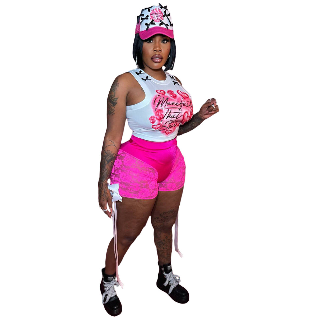 Women's sexy Lace See-Through bow shorts sleeveless vest two-piece set 13