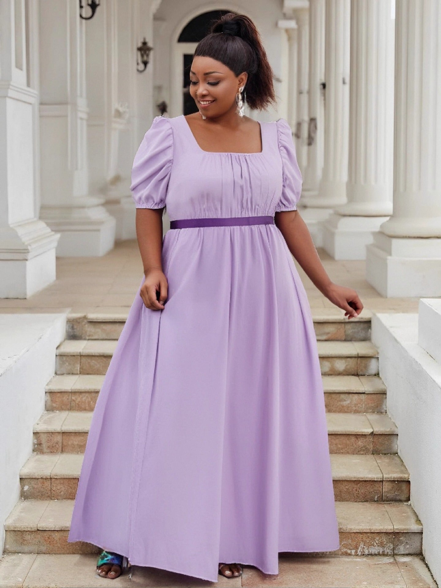 Puff Sleeve High Waist Ball Dress Elegant Plus Size Evening Gown 16