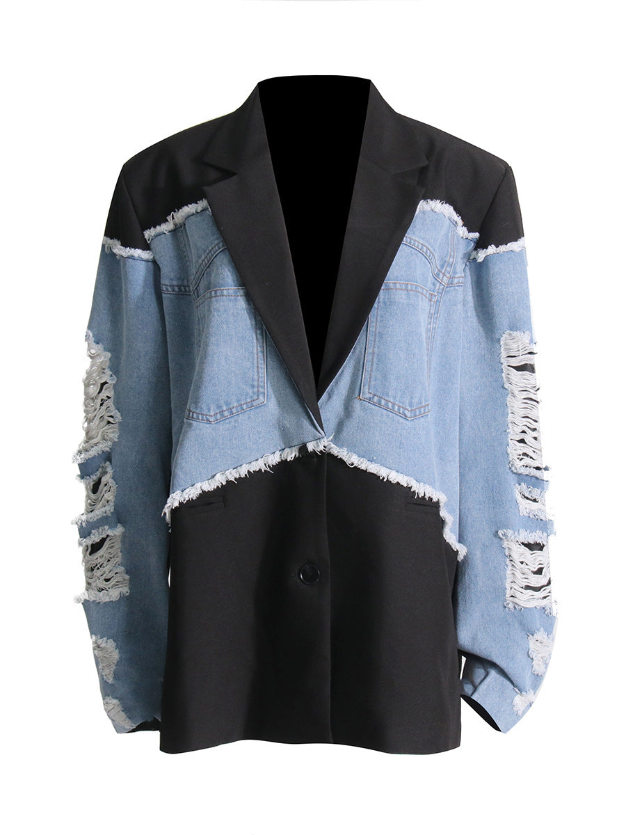 Women's Autumn Contrast Color Denim Patchwork Loose Jacket 6