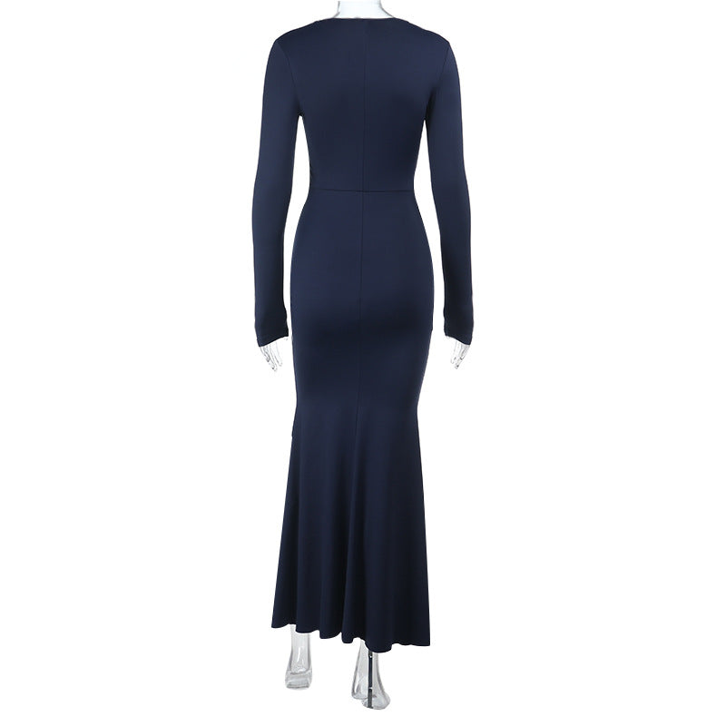 Long-Sleeve Thin Strap Slim Dress with Flounce for Fall and Winter 10