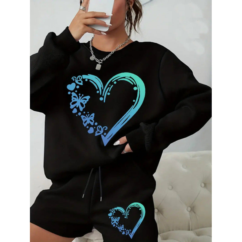 Women Round Neck Long Sleeve Top and Shorts Casual Two-piece Set 3