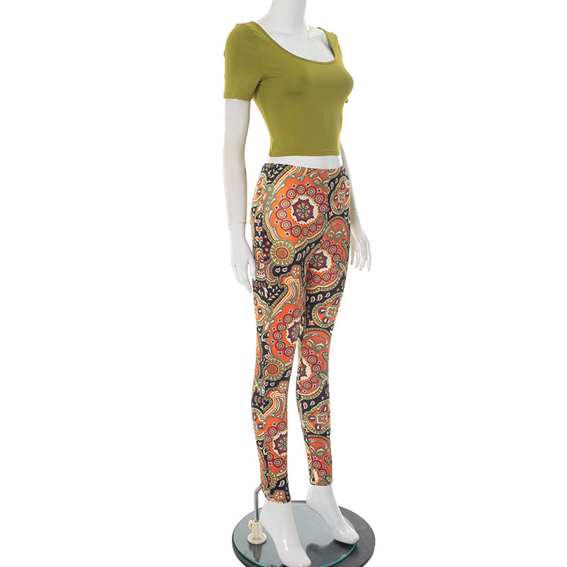 Women's Spring-Summer Graphic Print Crop Top with Tight Pants Set 6