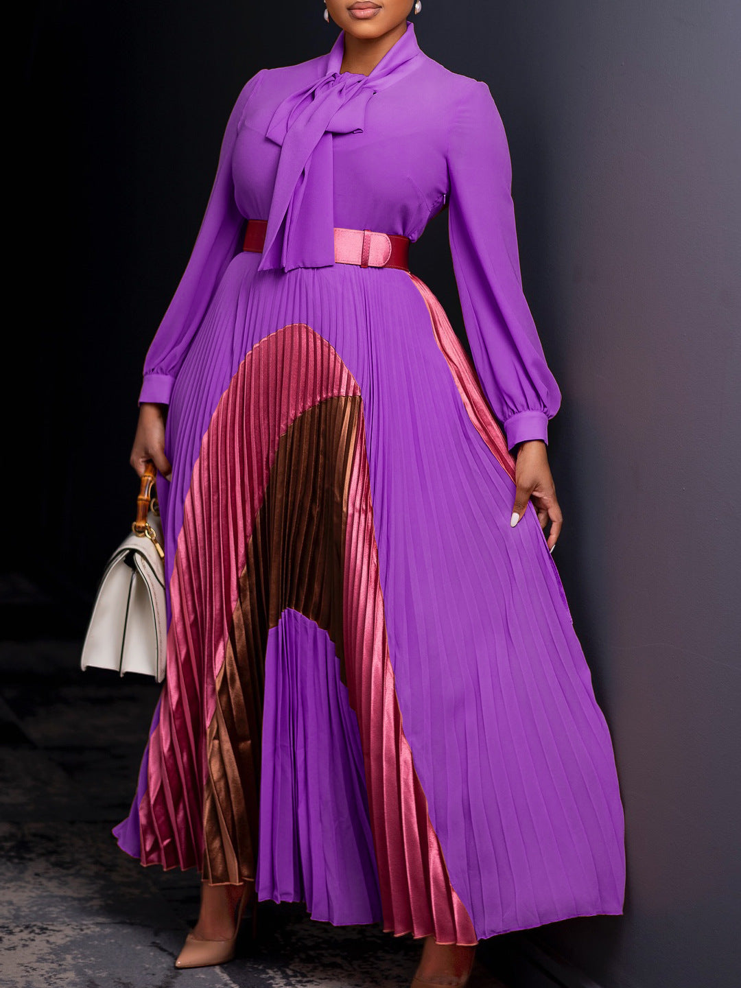 Plus Size Women Autumn Lace-Up Pleated Long Sleeve Colorblock Dress 5