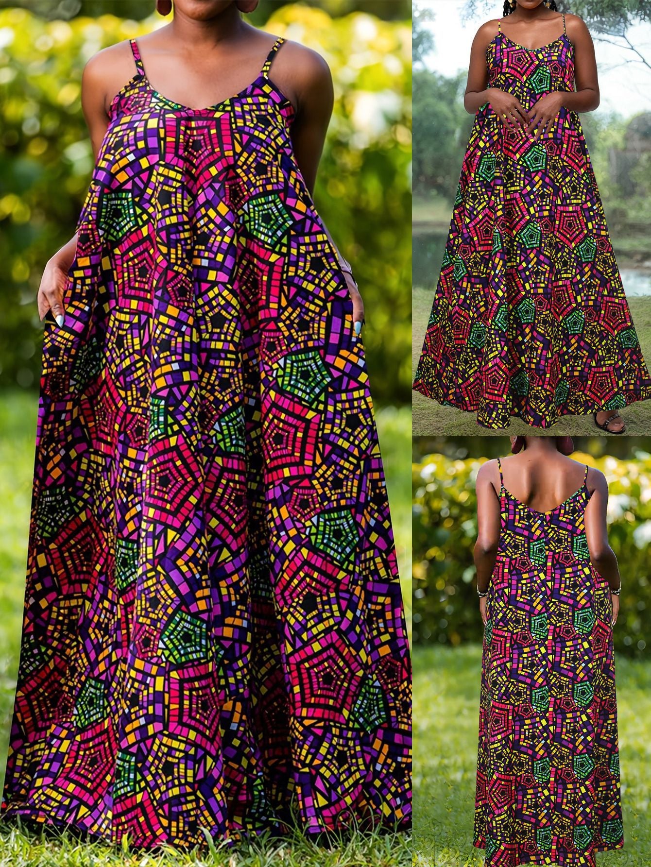 Plus Size Women Elegant Suspender Print Dress 3