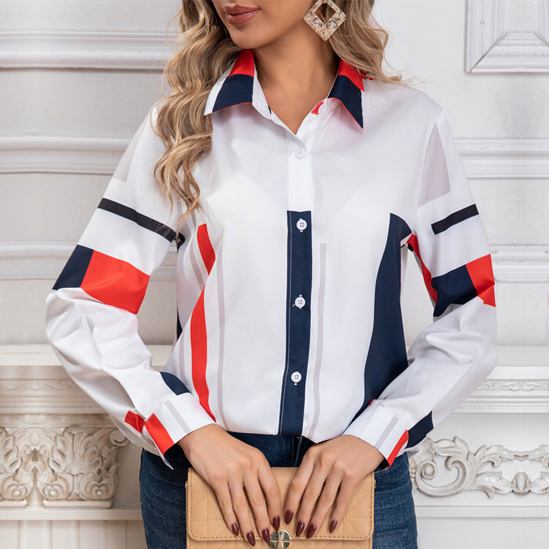Women Contrast Color Block Long Sleeve Shirt 4