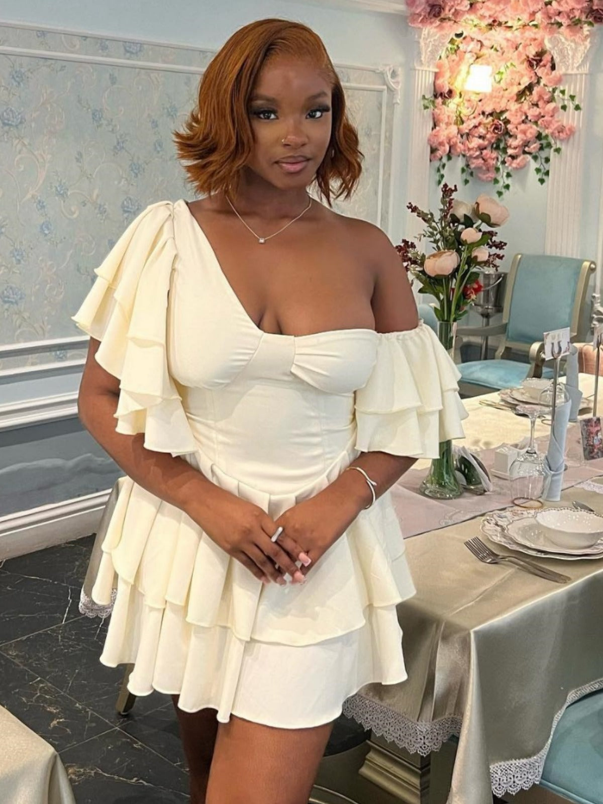 Women Solid Ruffle Sleeve Irregular Slash Shoulder Cascading Ruffles Dress 5