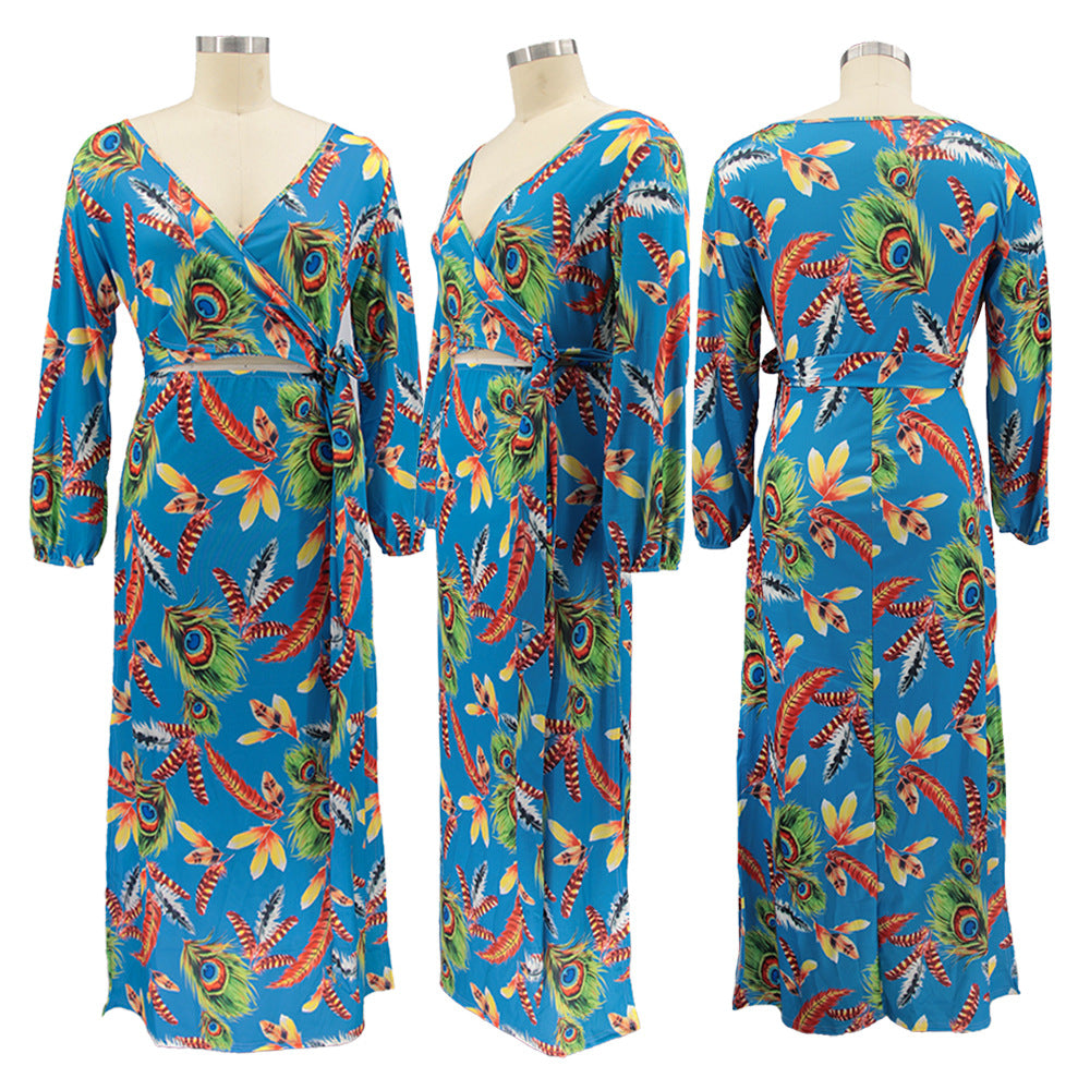 Plus Size Women Feather Print Sexy Slit Dress 11