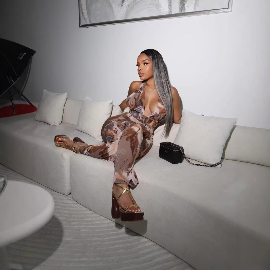 Summer Floral Print Halter Neck Low Back Slim Waist Sleeveless Trendy Jumpsuit