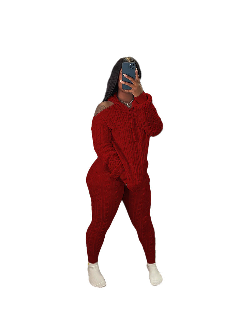 Women's Fashion Solid Color High Stretch Knitting Hooded Sweater Slim Long Pants Two Piece Set 13