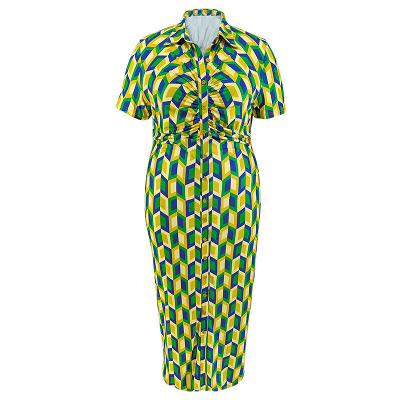 Plus Size Women Button Turndown Collar Plaid Short Sleeve Maxi Dress 7