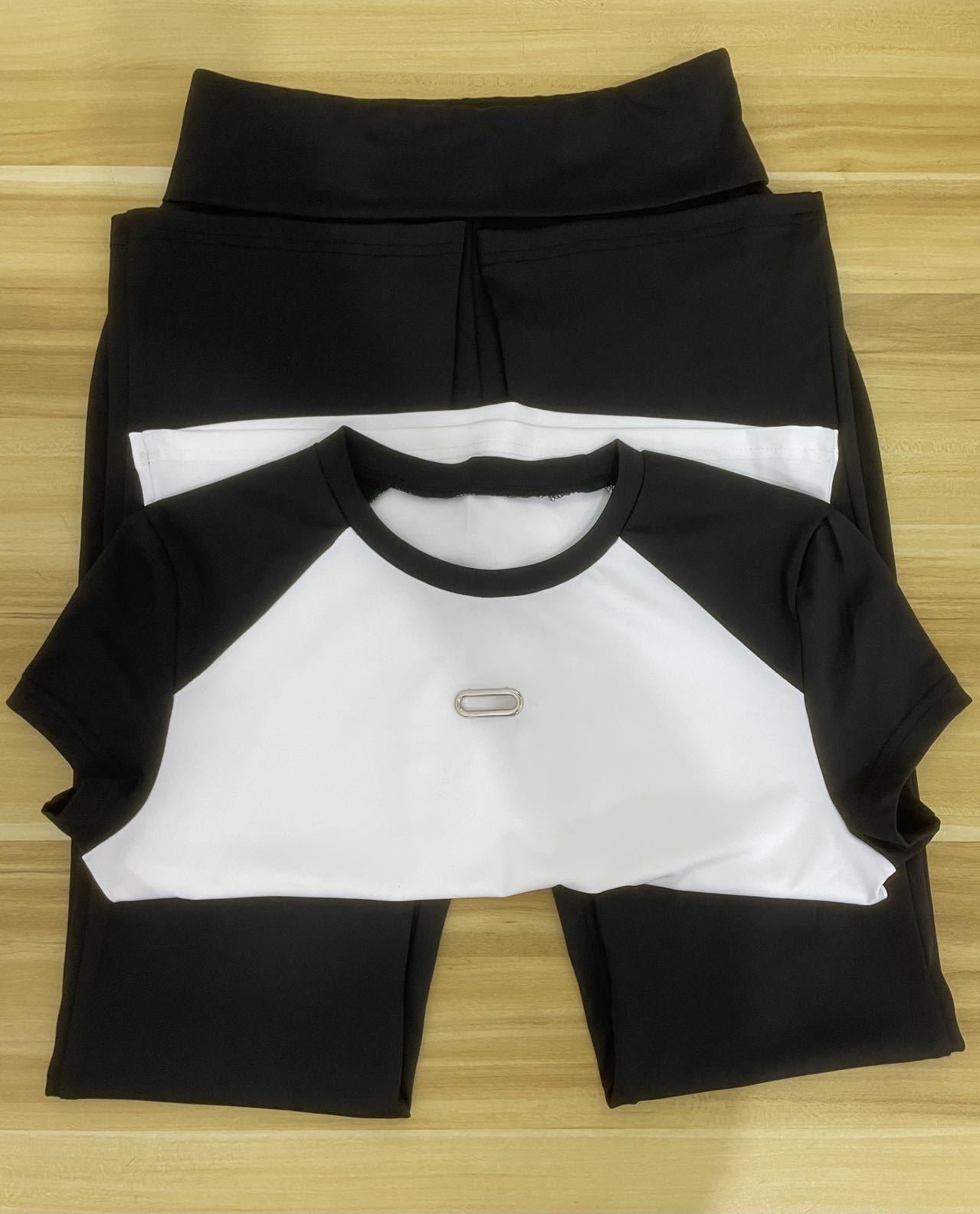 Women's Spring Summer Color Matching Sports Dance Fitness Yoga Short-Sleeved Two-Piece Pants Set 15
