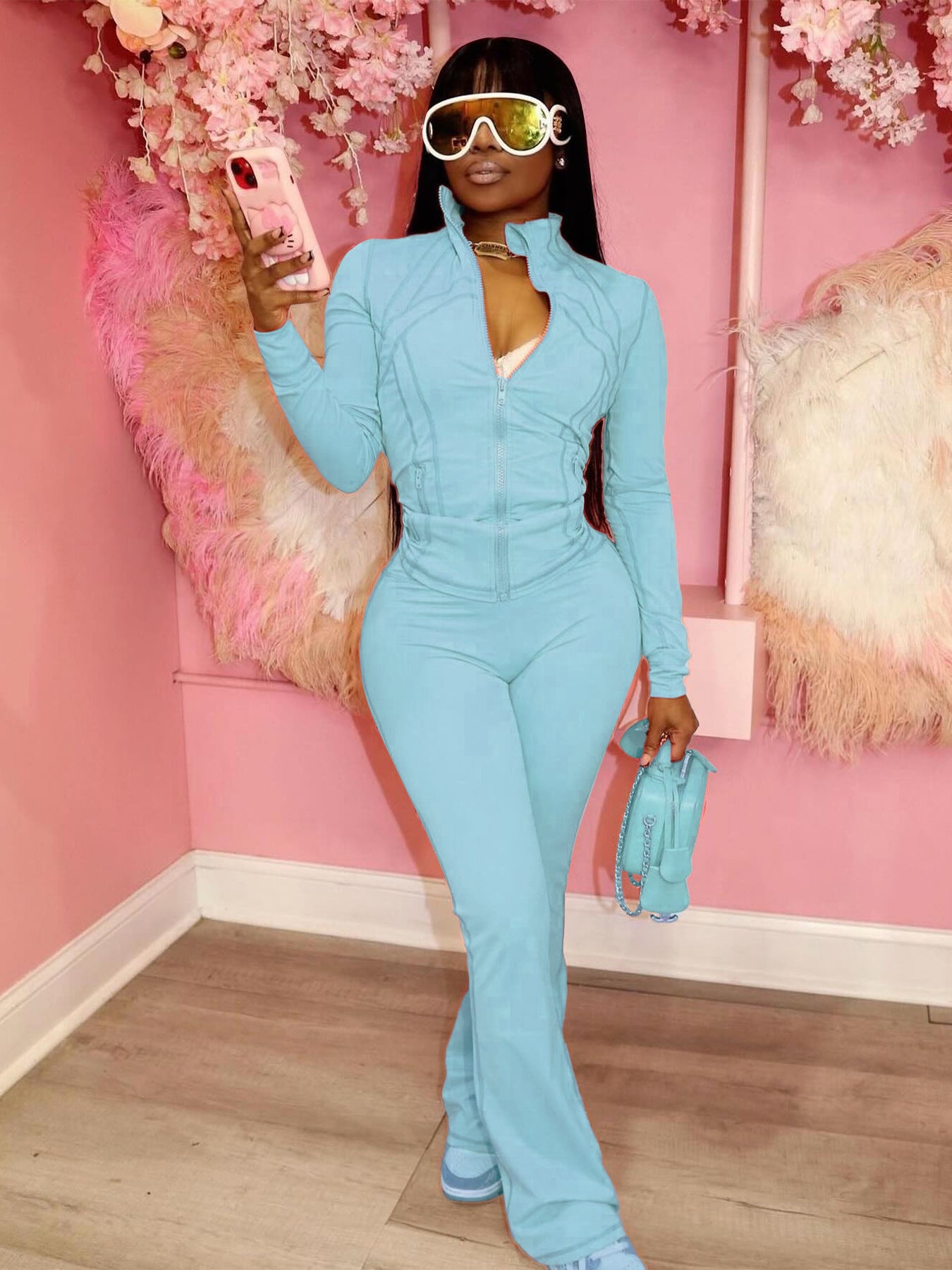 Spring/Summer Casual Sexy Tight-Fitting Bell Sleeve Two-Piece Pants Set 7