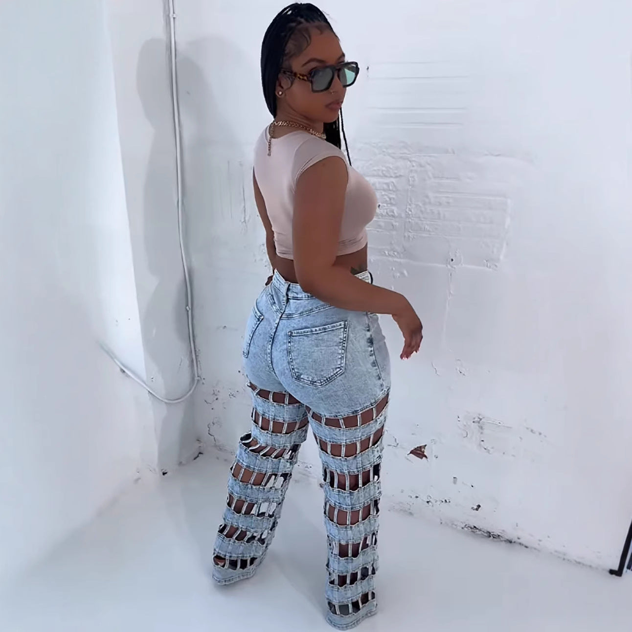 Ripped Denim Street Fashion Hollow High-Waist Straight Pants for Women 4