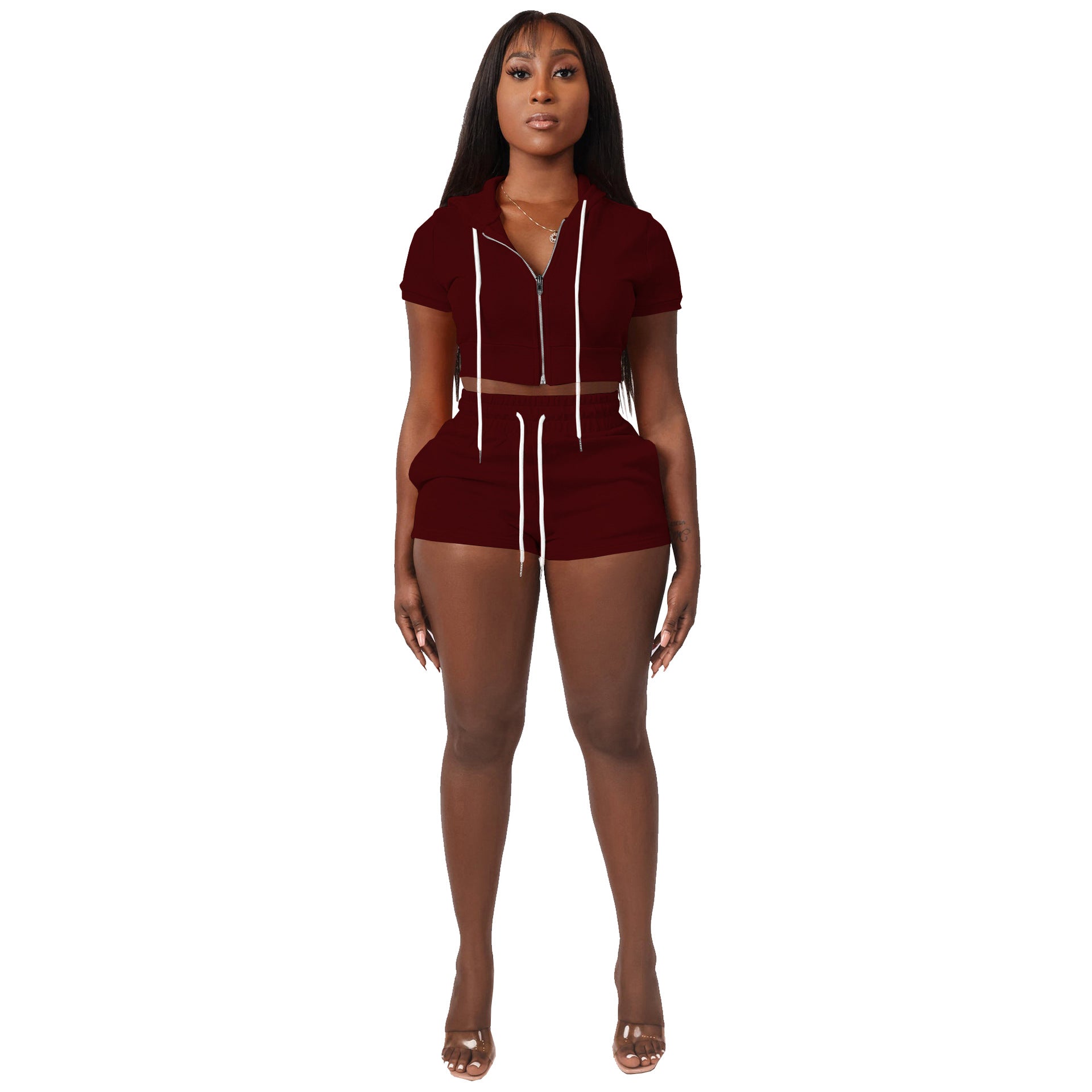 Women zipper Solid hooded Crop Top and Shorts two-piece set 17