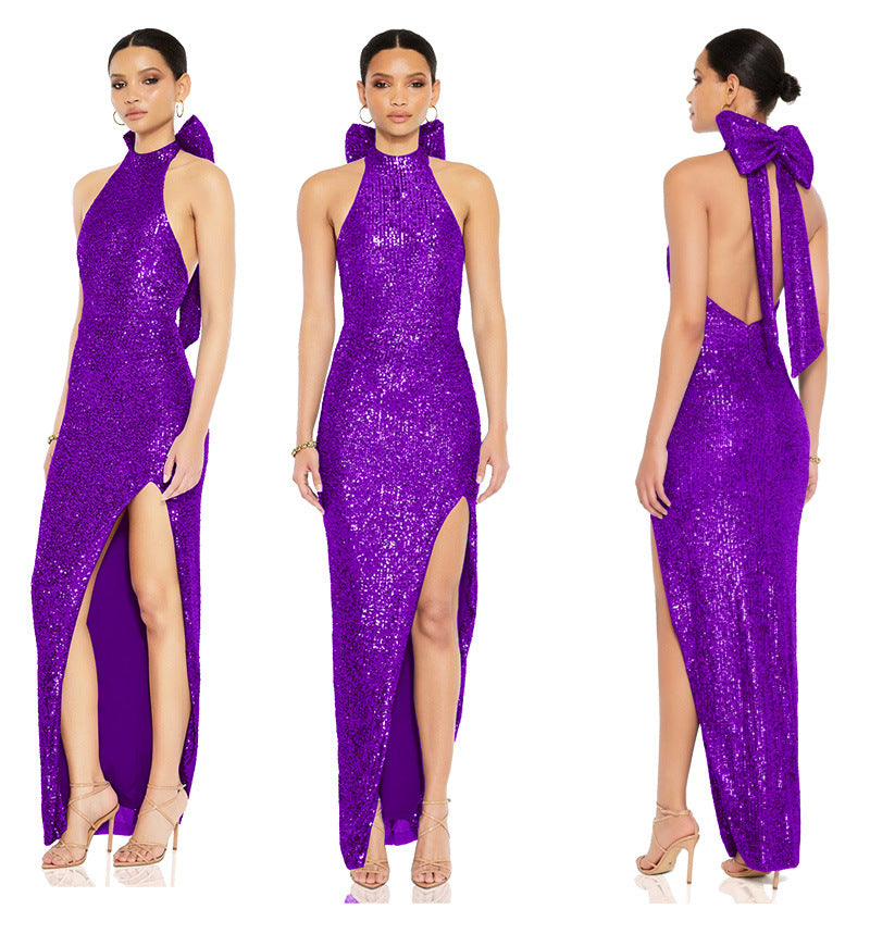 Women sequin split Halter Neck big bow Maxi Evening Dress 6