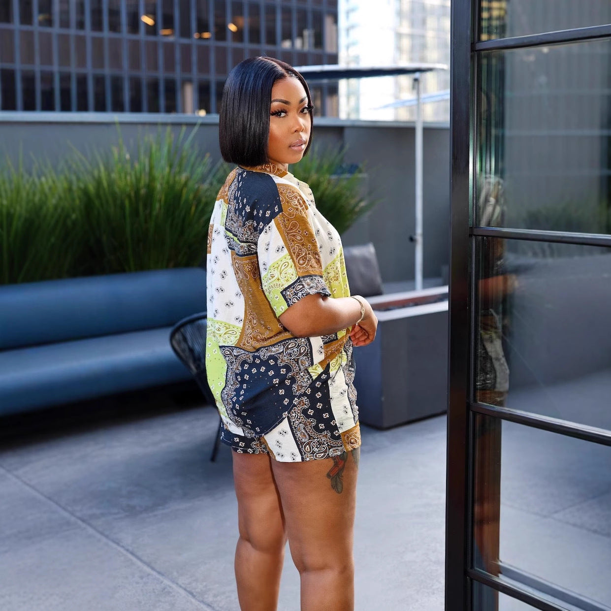 Women Summer Holidays Style Print Casual Shirt Shorts Two-piece Set 5