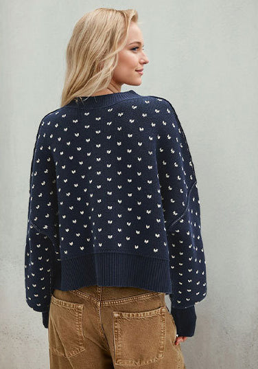 Women Round Neck Knitting Heart Print Sweater 7