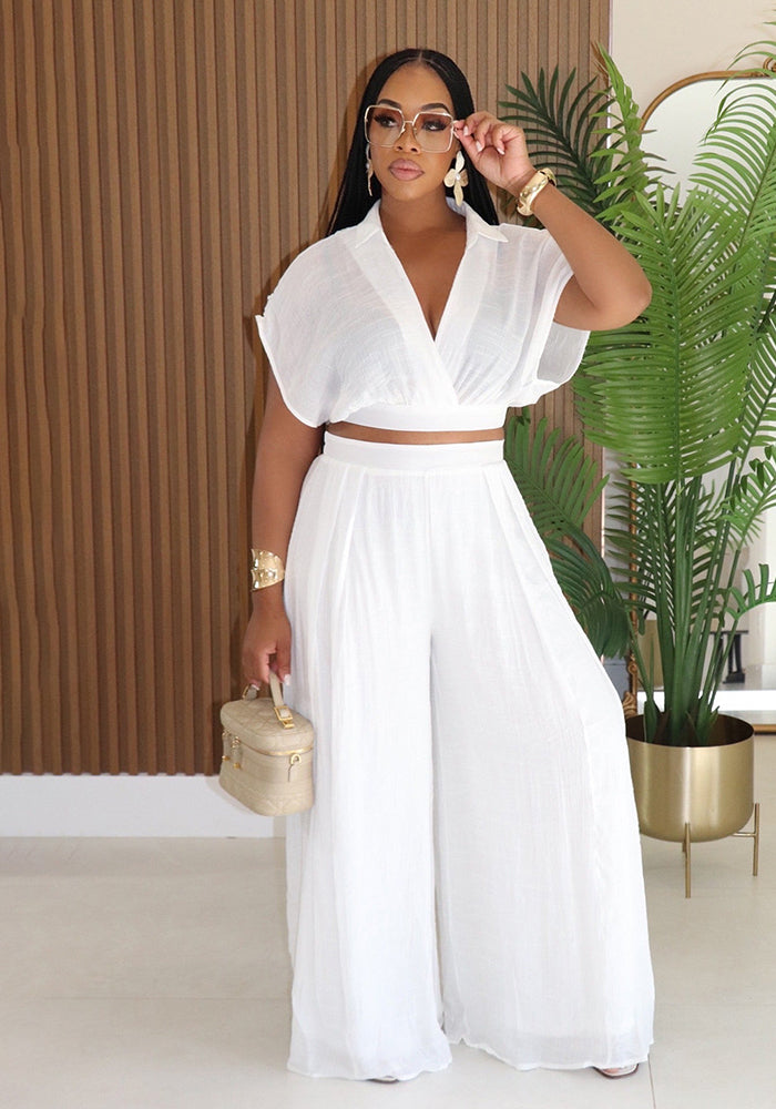 Women Casual Holidays Summer Turndown Collar Short Top & High-Waist Wide-Leg Pants Set