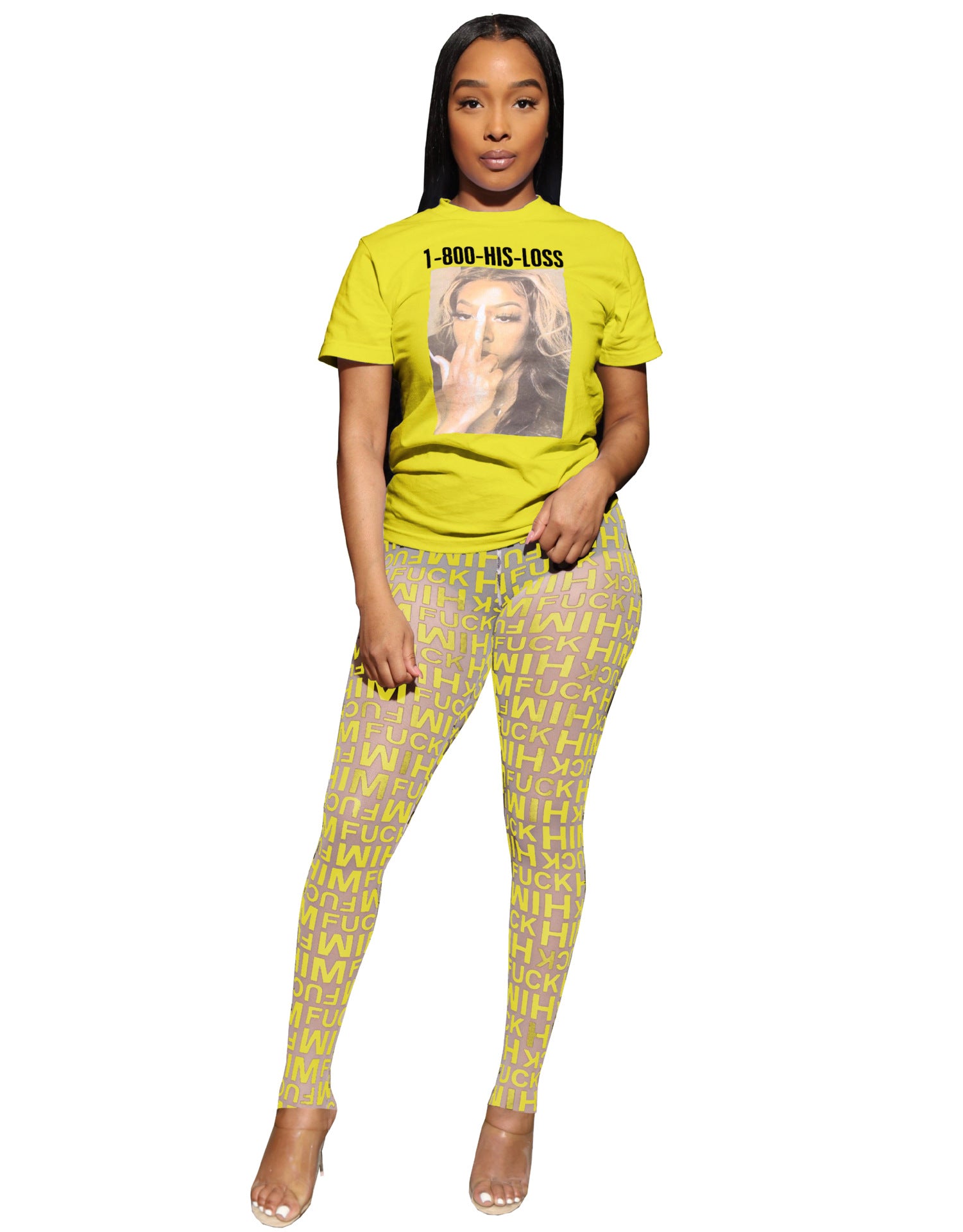 Women's Printed Short Sleeves T-Shirt See-Through Mesh Pants Two-Piece Set 7