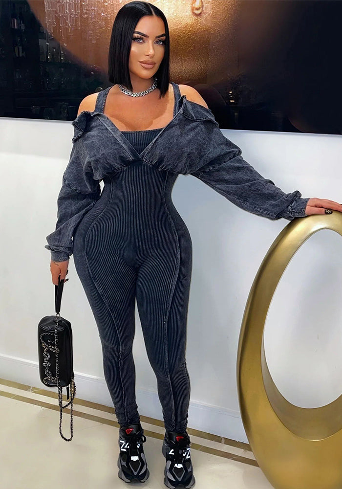 Fashionable women's clothing washed sexy off-shoulder Tight Fitting Jumpsuit