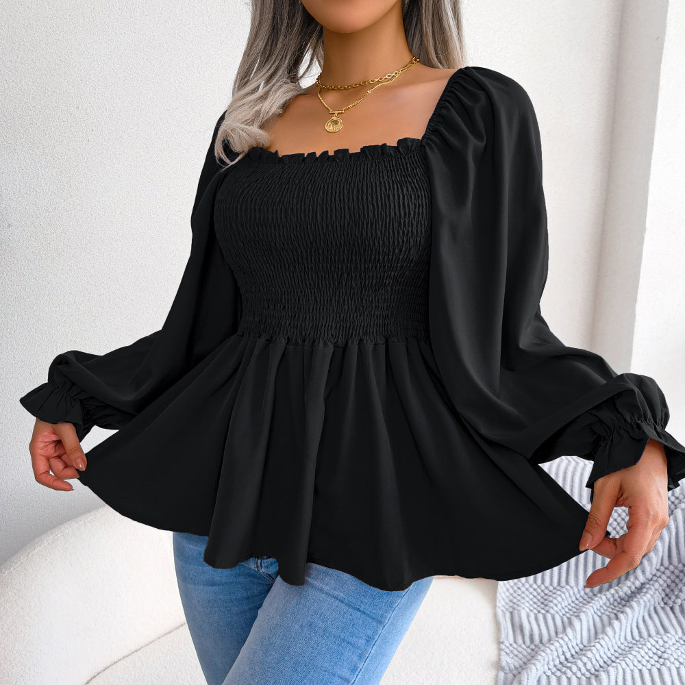 Women Casual Ruffle Edge Square Neck Long Sleeve chiffon Top 13