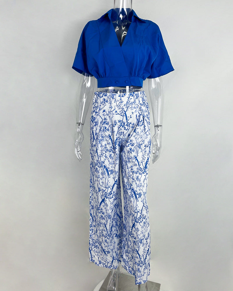 Women Clothes V-Neck Cropped Shirt Top Print Career Wide Leg Pants Two Piece Set 12