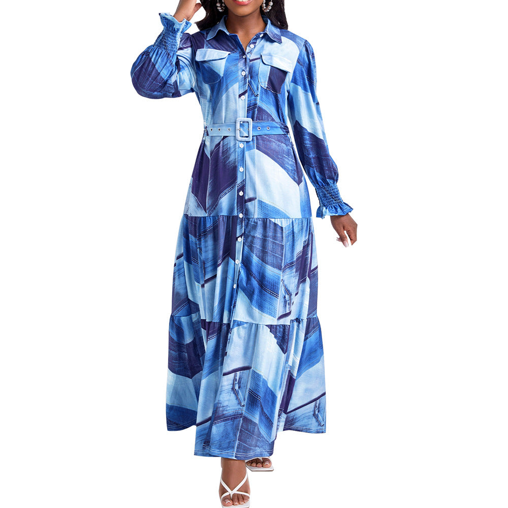 Women Elegant Turndown Collar Maxi Dress 5