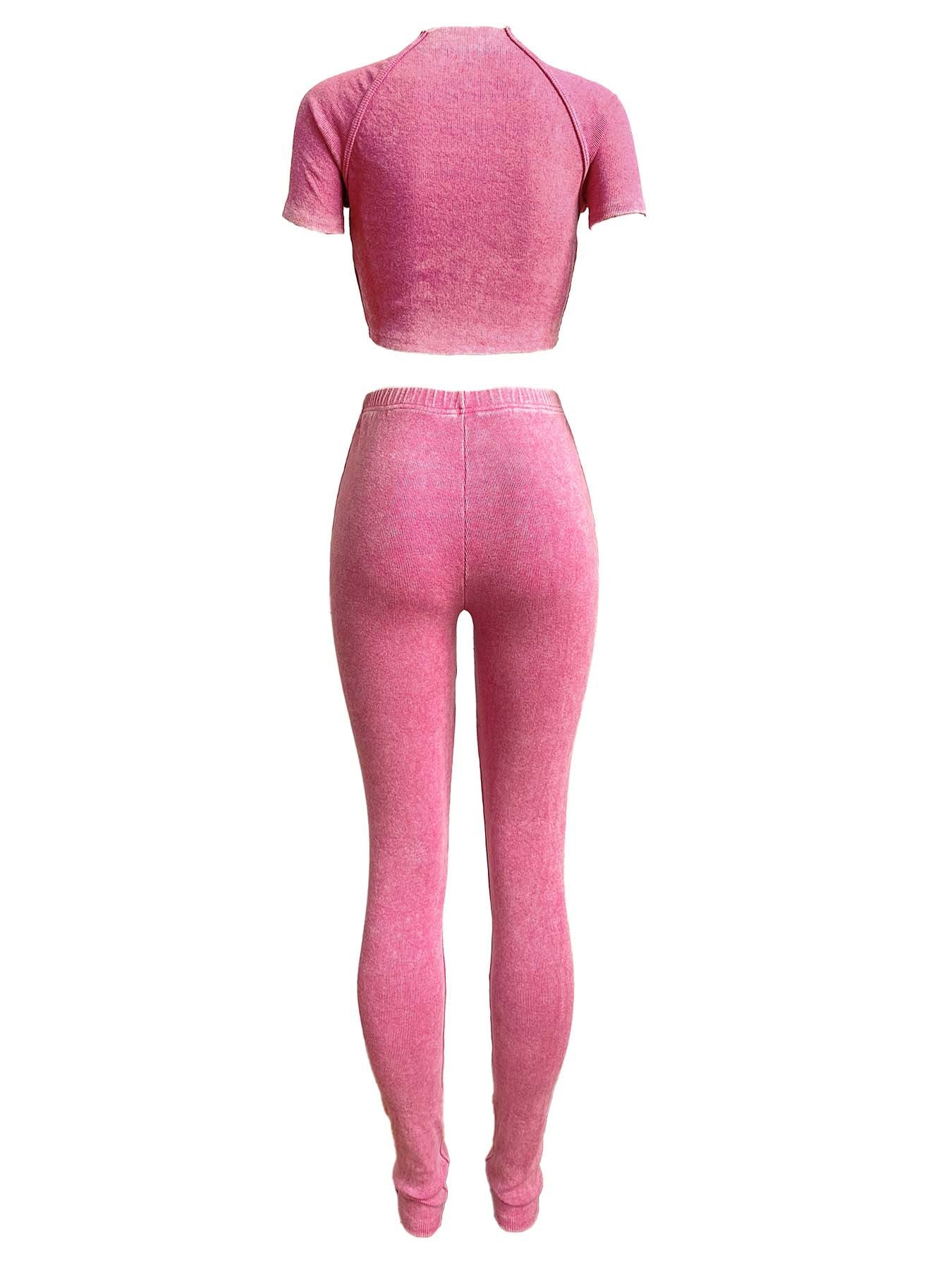 Women washed Ribbed short-sleeved top and trousers two-piece set 8