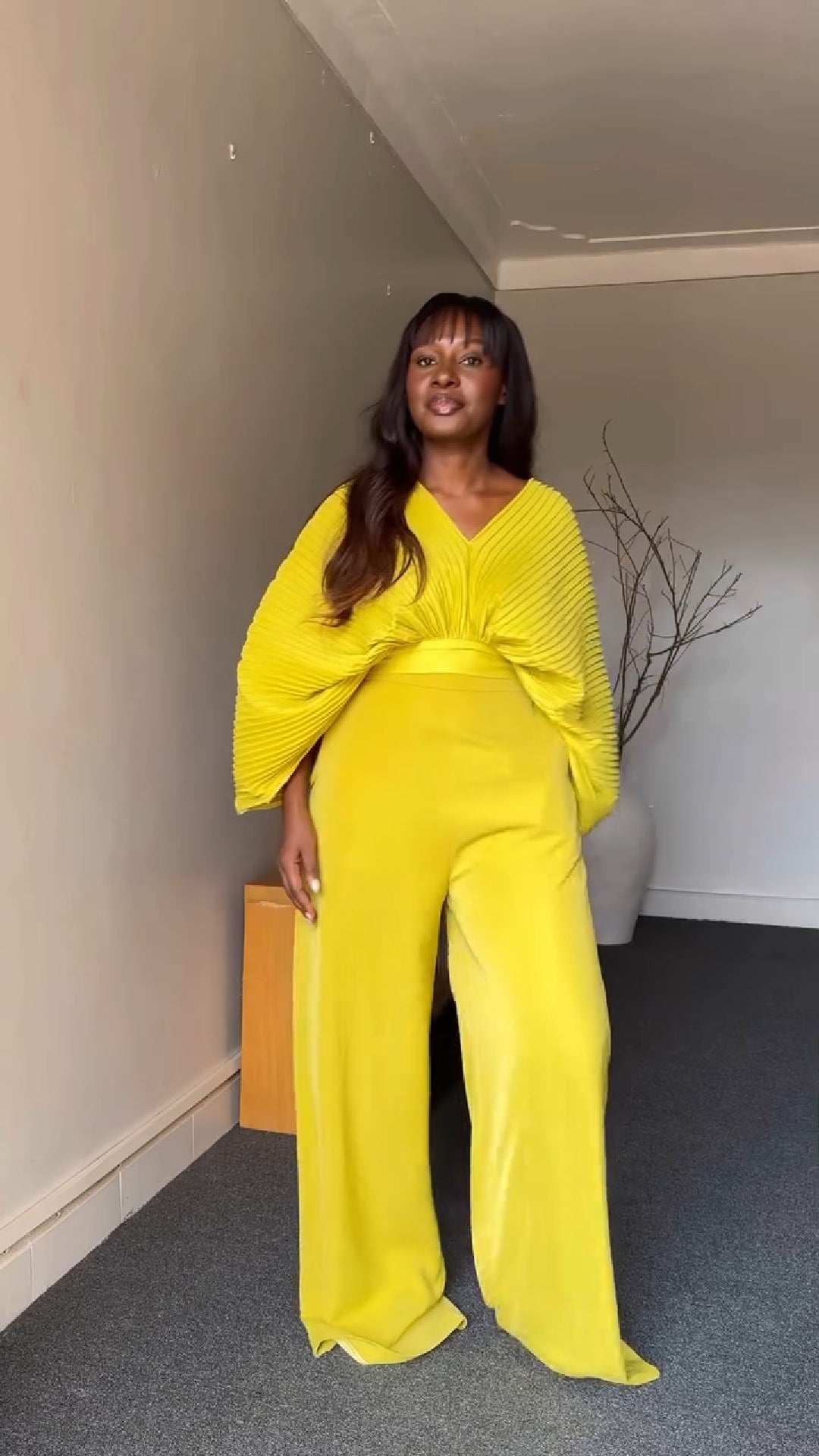 Women Pleated V-Neck Bat Sleeves Shirt and Pants Two Piece Set