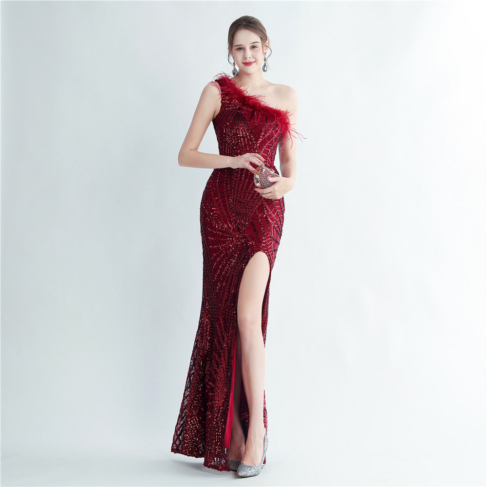 Women Ostrich Feather Sequined Slash Shoulder Evening Dress 5