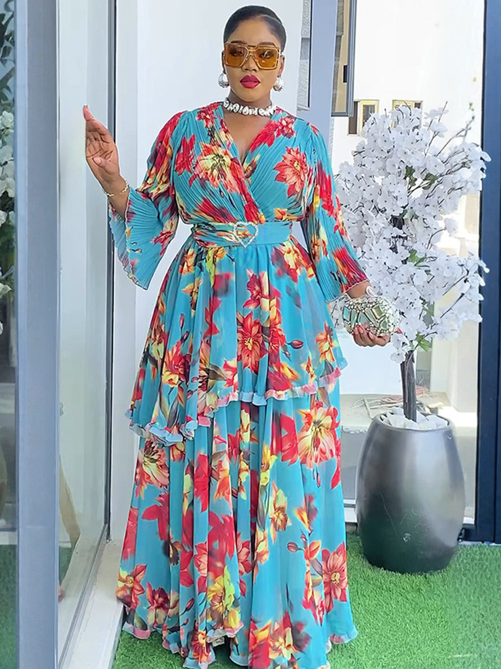 Plus Size  African Women's Floral Print Long Dress 5