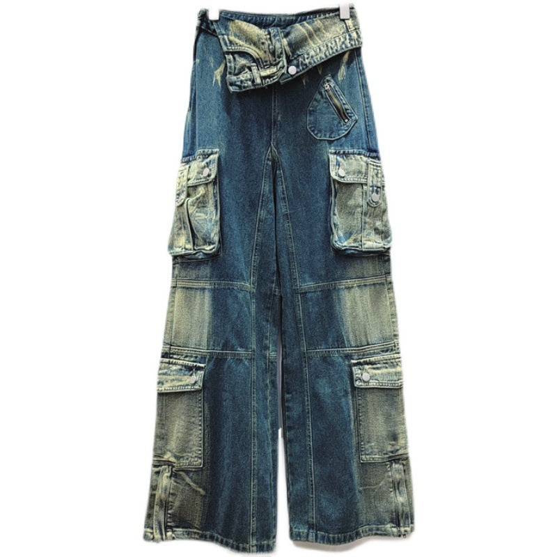 spring Trendy High Waist Style Pocket Cargo Denim Straight Pants Women's Loose Slim Fit Wide Leg trousers 7