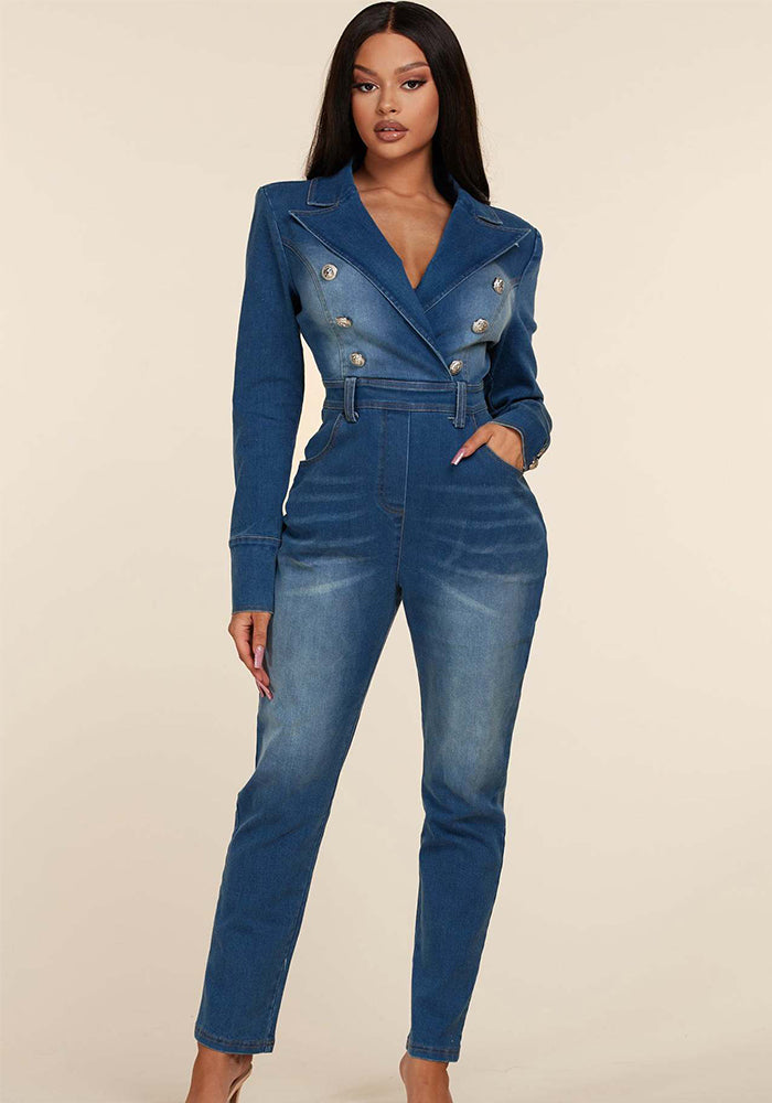 Women Turndown Collar Button Denim Jumpsuit