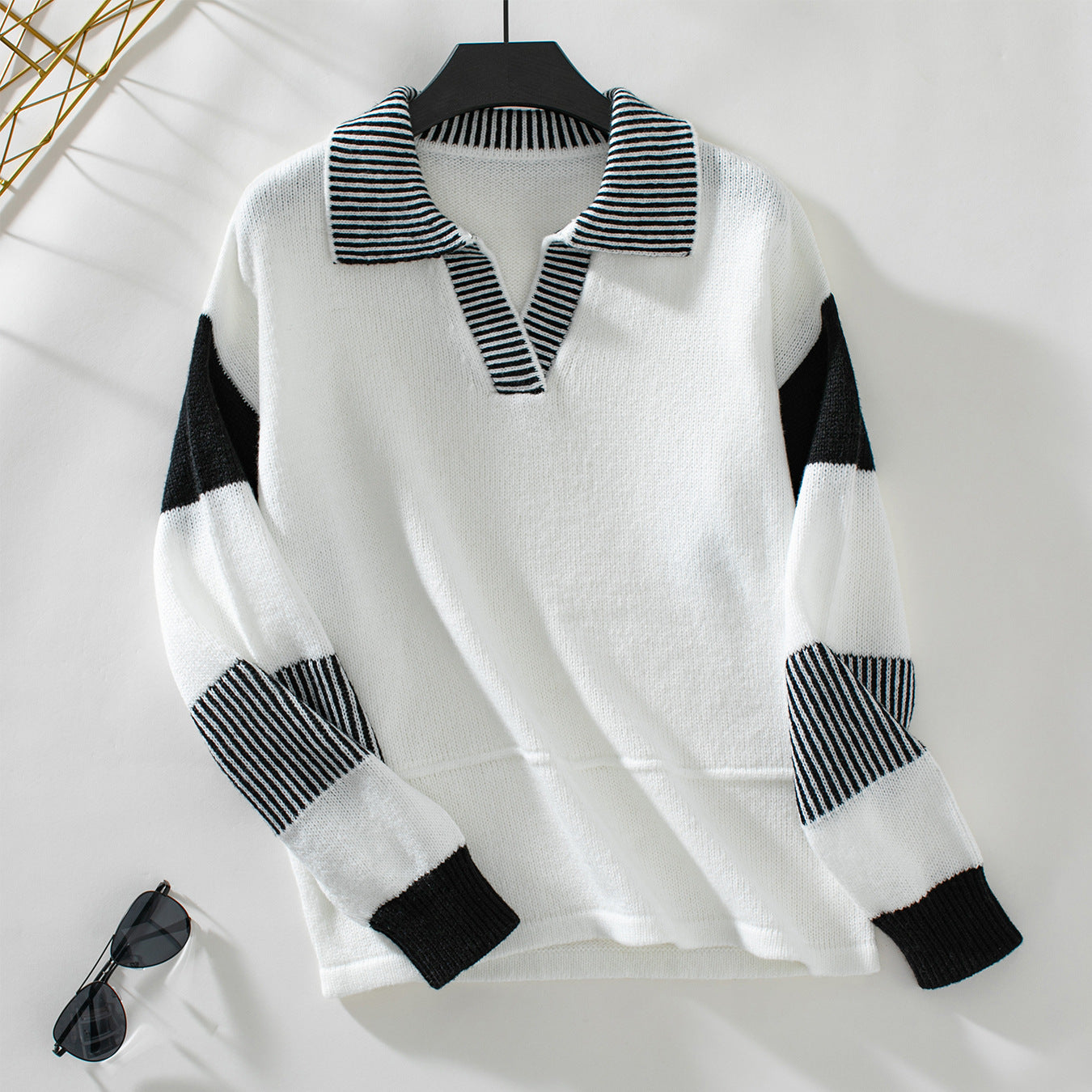 Women's Striped Turndown Collar Sweater Autumn And Winter Fashion Loose Long Sleeve Knitting Shirt 9