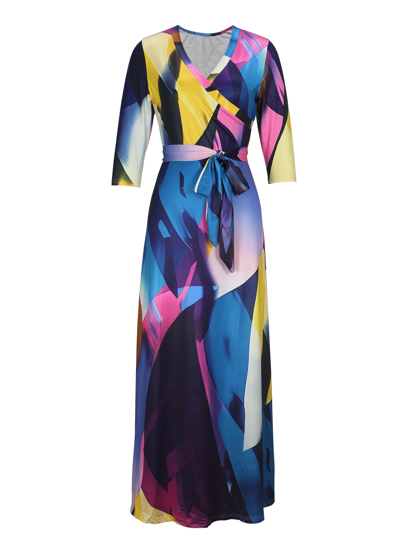 Spring & Autumn Women's Fashion Elegant Wrap V-Neck Half-Sleeve Print Belt Maxi Dress 71
