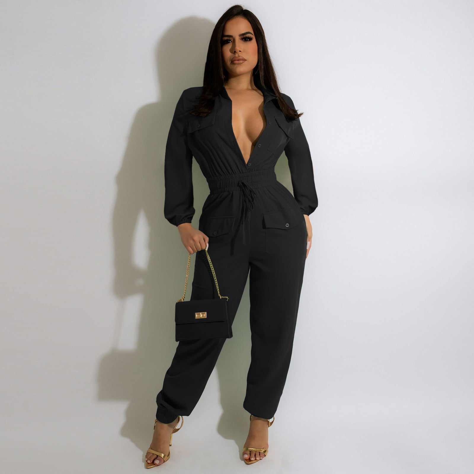 Women'S Classic Casual Solid Long Sleeve Button Up Overall Cargo Jumpsuit 6