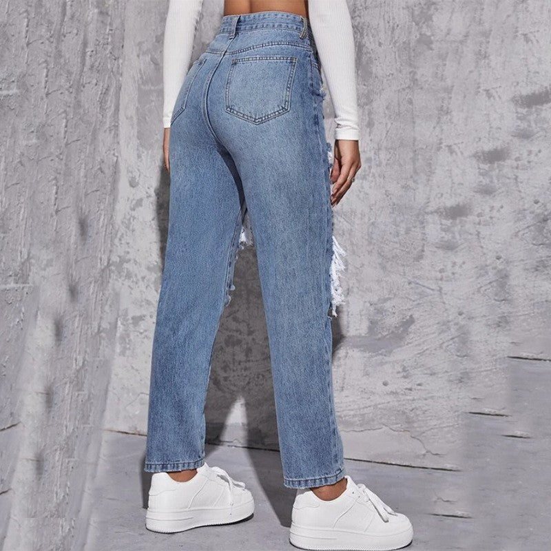 Women Ripped Washed Denim Pants 5