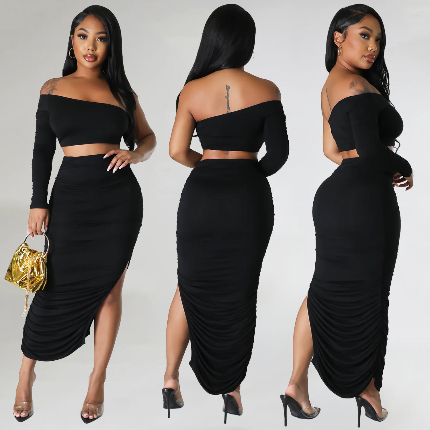Summer One Shoulder Long Sleeve Women's Sexy Tight Fitting Ruched Irregular Two-Piece Skirt Set