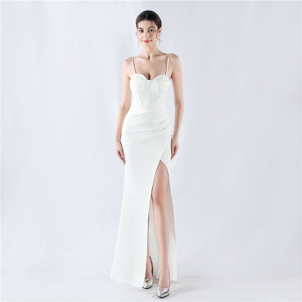 Fishbone Slim Waist Solid Color Satin Evening Dress