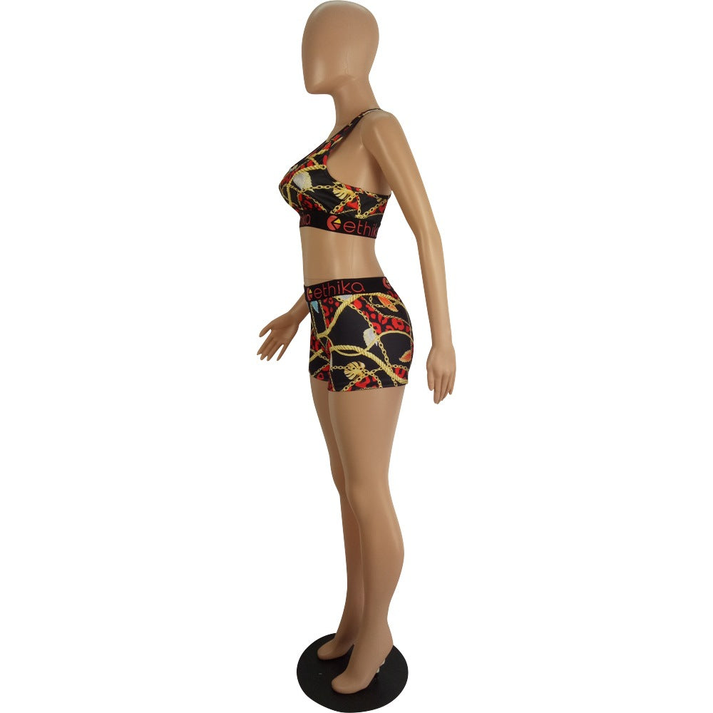 Women's Spring/Summer Slim Style Printed Sports Two-Piece Shorts Set 27