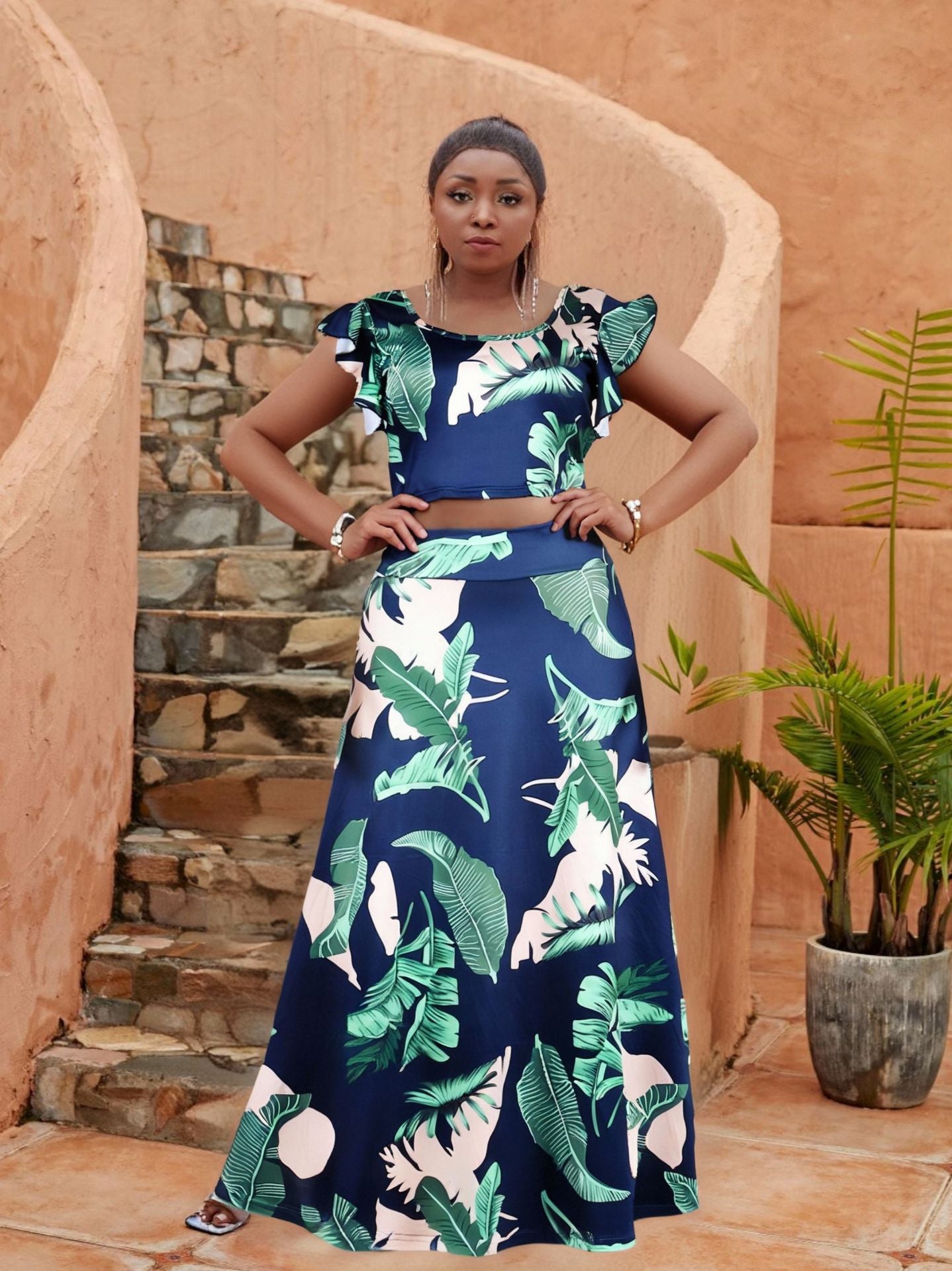 Plus Size Women Women Casual Ruffle Sleeve Printed Top and Long Skirt Two-piece Set 6