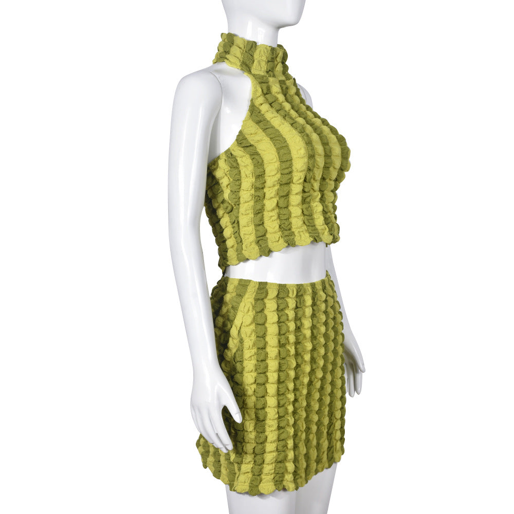 Women's Summer Halter Neck Low Back Crop Top and Skirt Two Piece Set 8