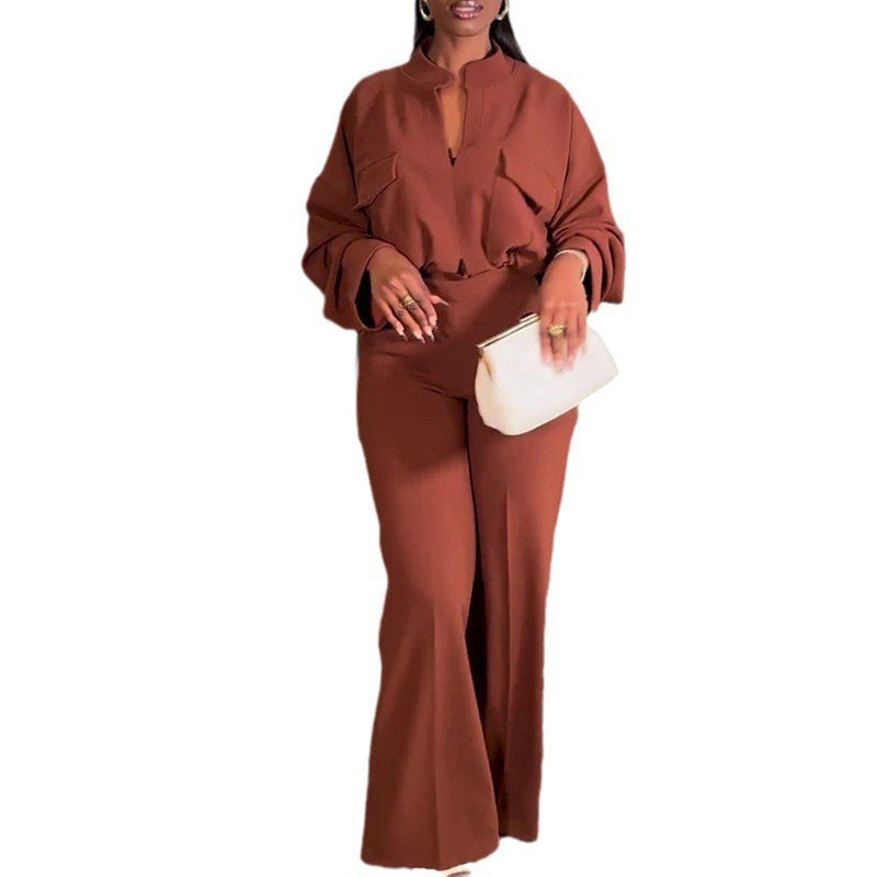 Plus Size Women Autumn Casual V-neck Loose Long Sleeve Top and Wide Leg Pants Two-piece Set 7