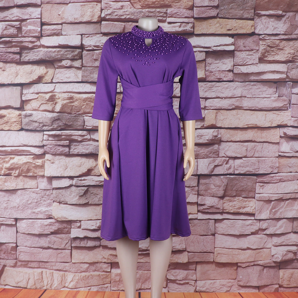 Women African Elegant Stand Collar Beaded Belt Pocket Dress 14