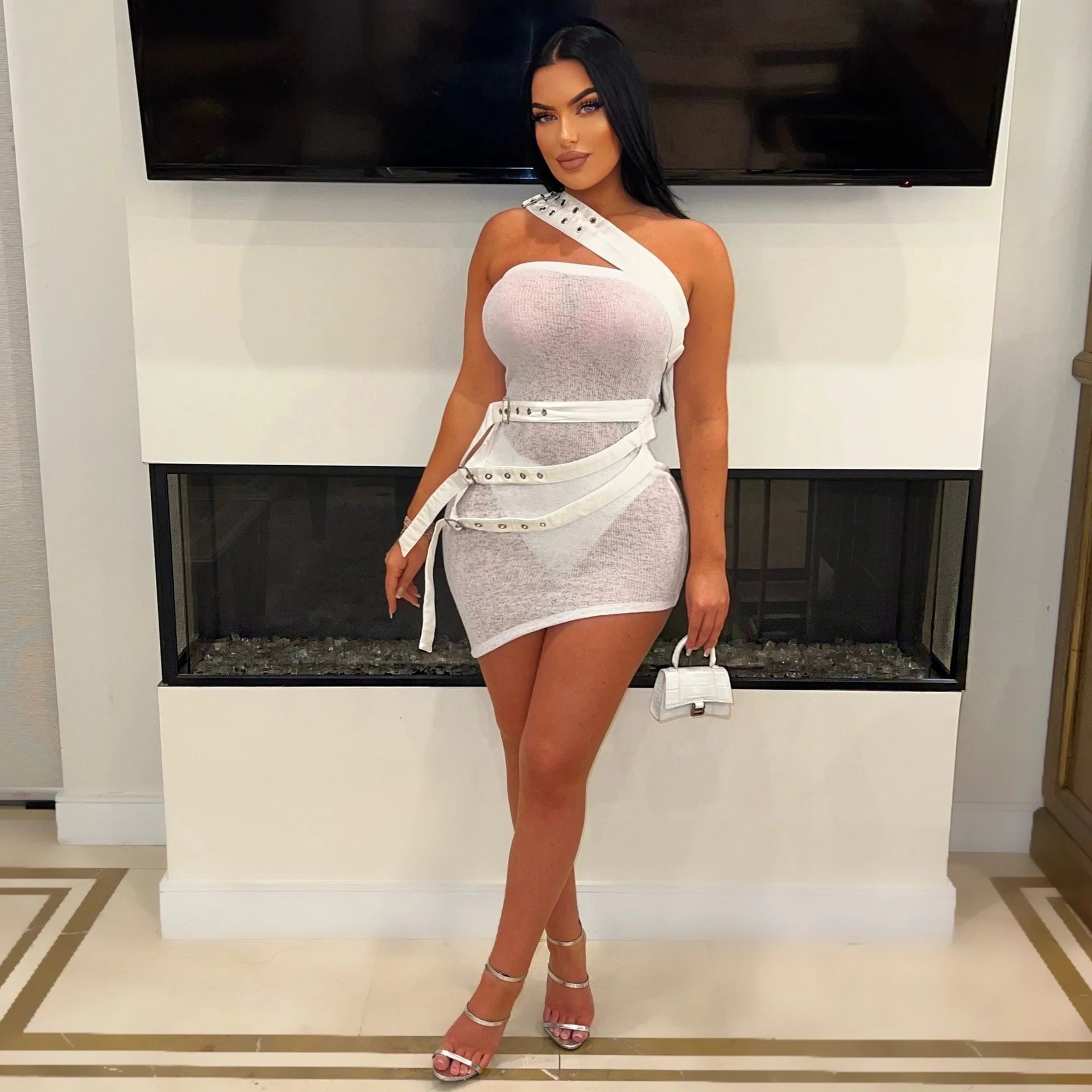 Slash Shoulder See-Through Women Sexy Irregular Short Dress 4