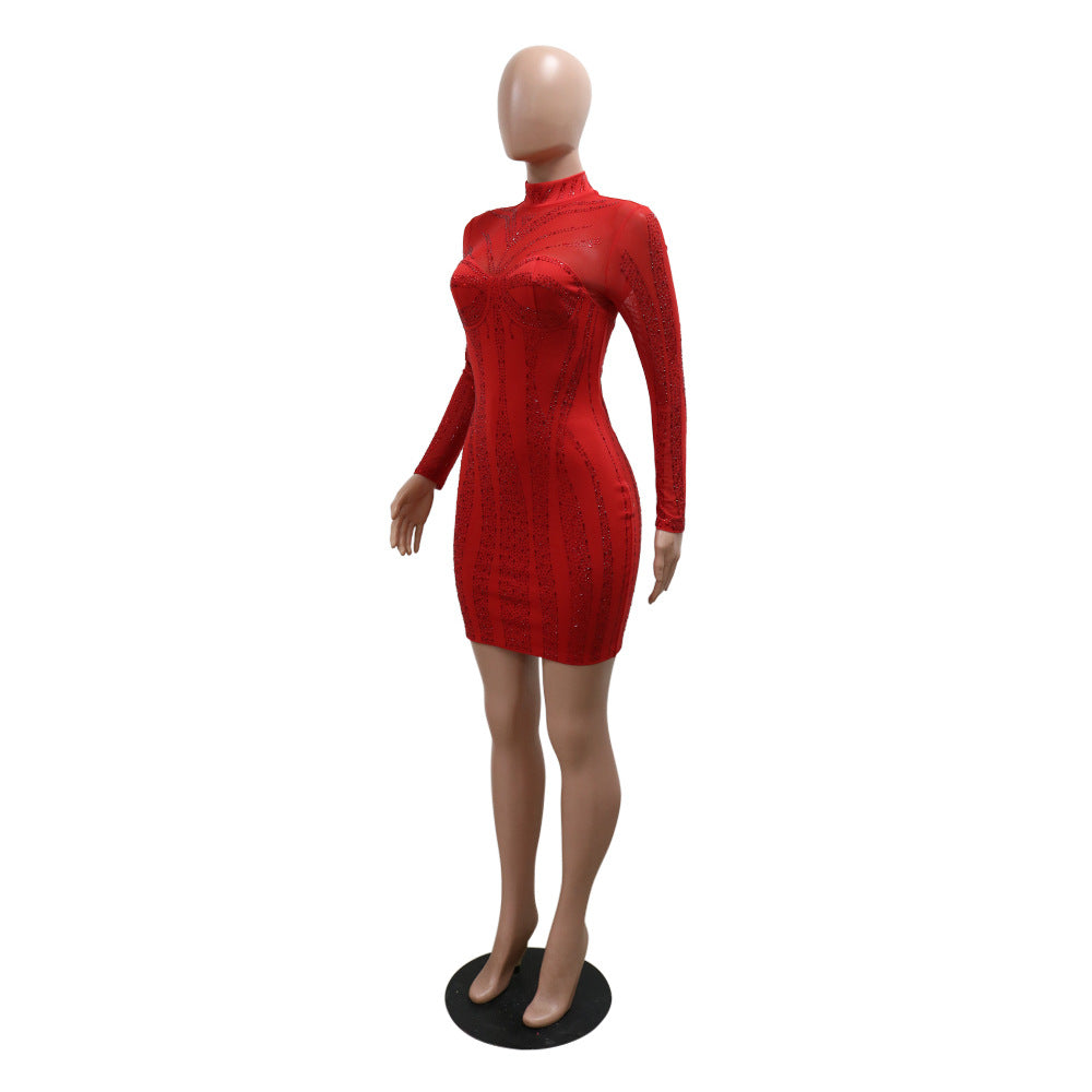 Sexy Solid Color Long Sleeve Beaded Bodycon Dress 11