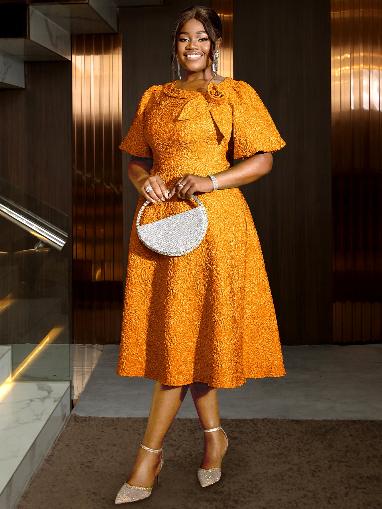 Flower Jacquard Round Neck Career A-line Dress 13